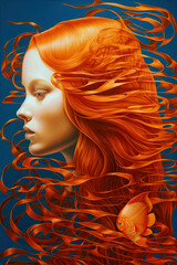 Beautiful woman spirit with long ginger hair like sea weed with many orange fishes underwater, surreal AI generative portrait illustration