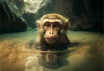 monkey swims in a hot spring in asia.