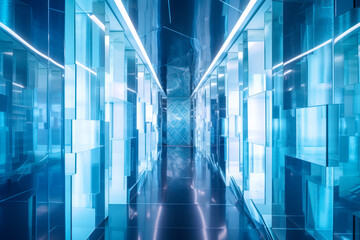 Wall Mural - Glass crystal hallway interior design architecture, blue. Generative AI