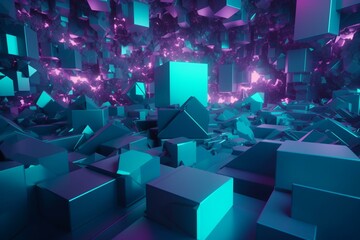 Futuristic 3D shapes in turquoise and purple create an abstract backdrop with space for text. Generative AI