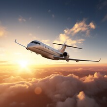 Commercial Airplane Jetliner Flying Above Dramatic Clouds In Beautiful Sunset Light. Generative Ai