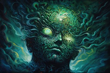 Wall Mural - Green eye male demon in a mystery art style. distinct generative AI image.