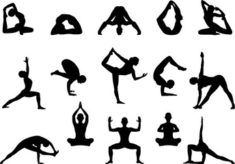 set of contours of yoga poses. healthy lifestyle. female cartoon character demonstrating yoga positi