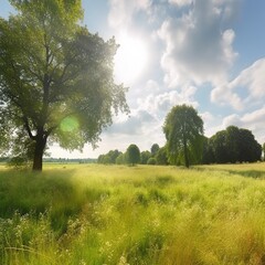 Canvas Print - Landscape in summer with trees and meadows in bright sunshine. generative ai