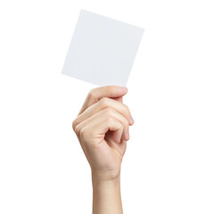 Male hand holding a square blank sheet of paper (ticket, flyer, invitation, coupon, etc.), cut out