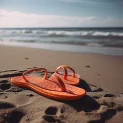 Canvas Print - Orange flip flops on beach. generative ai