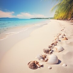 Canvas Print - sea shells and starfish on the beach, Sunny tropical beach with turquoise water, summer vacation background. generative ai