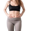© WS Studio 1985 - Woman, body, and stomach in studio for healthy lifestyle motivation for weight loss, diet, or fitness. Female on a white background with her hand on her waist for good health. generative ai