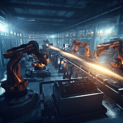 Wall Mural - welding robot operating in a factory. generative ai