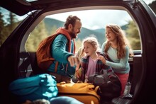 Happy Family Unloading Their Car To Begin A Camping Adventure In The Great Outdoors, Excitement And Anticipation, Fun-filled Journey Into Nature's Beauty Generative Ai