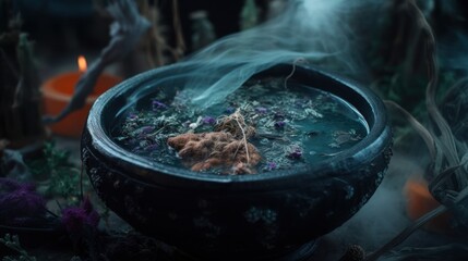 Wall Mural - Witch cauldron with magic herbs, mystical witchcraft magic fantasy background concept generative ai