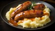 A traditional British dish, bangers and mash consists of sausages and mashed potatoes
