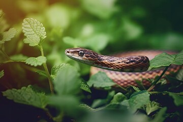 Sticker - resting snake on a bed of leaves in a natural setting. Generative AI