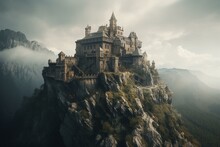 A Realistic High Fantasy Fortress Built Into A Mountain With A Cloudy Background. Generative AI