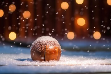 Poster - wooden ball sitting on top of snow covered ground. Generative AI