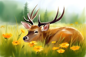 Sticker - peaceful deer resting in a colorful field of flowers. Generative AI