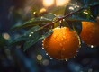 orange fruit with drops of rain in the sunset