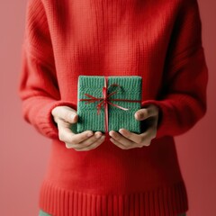 Wall Mural - Women's hands hold a gift box with a red bow. Christmas and new year concept. generative AI