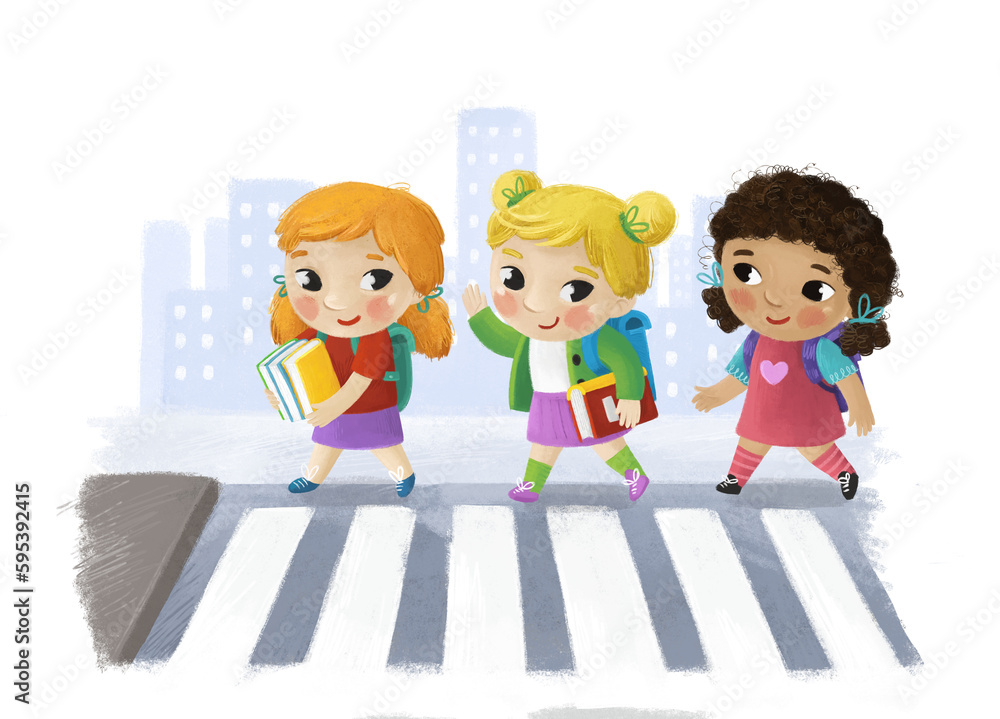 cartoon child kids girl girlfriends friendship pupils going to school learning childhood illustration for children