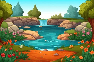 Sticker - serene river flowing through a dense green forest. Generative AI