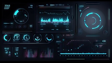 modern blue dashboard with various graphs and indicators, sleek and efficient design, generative ai