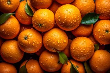 Fresh Oranges with Droplets of Water and Leafs, Top-View Close-Up Background