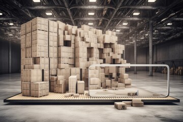 Wall Mural - boxes stacked in a warehouse with forklift and workers. Generative AI