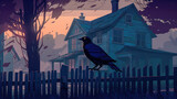 Fototapeta Dinusie - Spooky afternoon scene and raven looking home.Generative AI