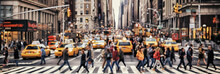 Blurred Busy Street Scene With Crowds Of People Walking Across An Intersection In New York City. Blurred Image, Wide Panoramic View Of The Road With People
