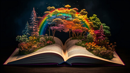 An open book including a rainbow in the middle. Reading and Inspiration. Generative AI