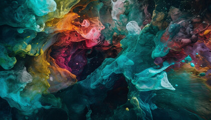 Poster - Futuristic galaxy exploding in multicolored abstract chaos generated by AI