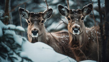 Frosty Doe Gazes At Camera In Snow Generated By AI