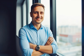 Cheerful male entrepreneur with crossed hands standing near window. Smiling confident businessman. Generative AI.