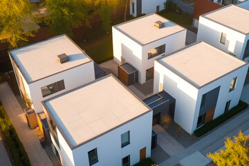 High angle view of three modern new single family homes. Morning light over residential area. Generative AI.