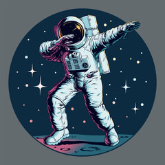 astronaut makes dab dance gesture, shows dabbing movement on the moon or another planet, vector illu