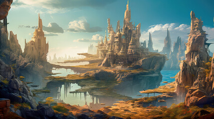 Wall Mural - alien planet with fantastic landscapes, and enchanted castles. generative ai