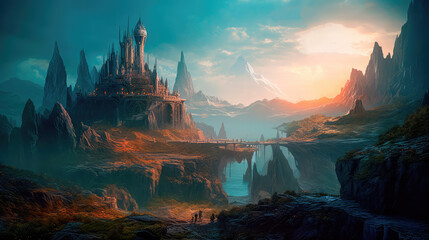 Wall Mural - alien planet with fantastic landscapes, and enchanted castles. generative ai