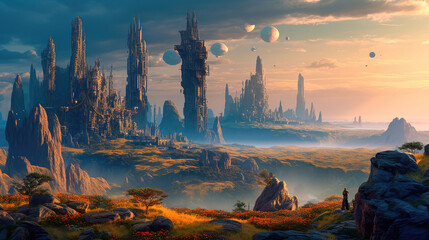 Wall Mural - alien planet with fantastic landscapes, and enchanted castles. generative ai