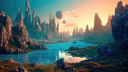 Wall Mural - alien planet with fantastic landscapes, and enchanted castles. generative ai