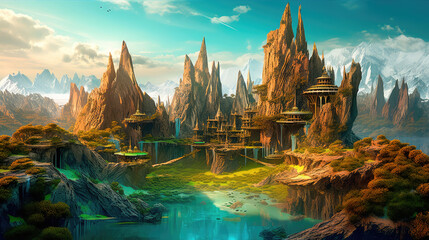 Wall Mural - alien planet with fantastic landscapes, and enchanted castles. generative ai