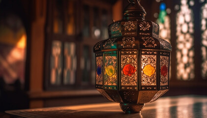 Wall Mural - Illuminated lanterns shine bright during Ramadan nights generated by AI