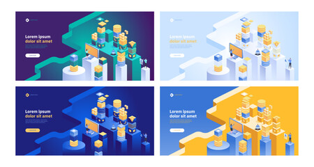 Blockchain concept banner. Isometric digital blocks connection with each other and shapes crypto chain. Blocks or cubes, connection consists digits. Abstract technology background. Vector illustration