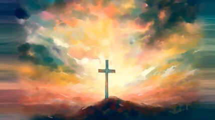 Wall Mural - Blurry abstract background of Painting in watercolor depicting a conceptual cross or other religious symbol over a sky at sunset with clouds as God. Generative AI