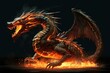 Dragon from fire on black background. Dragon drawn by fire. Flame with dragon silhouette. AI generated, human enhanced