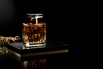 Wall Mural - Womens Perfume in a glass bottle on a dark background in leopard wild design. Neural network AI generated art