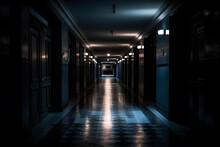Dark Corridor Or Hallway With Many Doors, Vintage Toned. Neural Network AI Generated Art