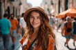 © wetzkaz - young adult woman or teenager in an old town down a narrow side street with local people in the background. Generative AI