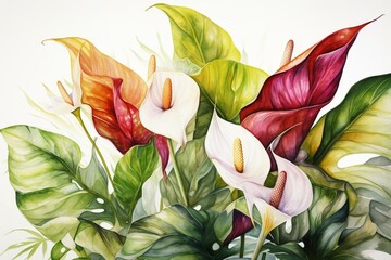 Colorful watercolor illustration of tropical leaves and calla lilies on a white background. Generative AI