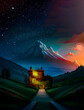Fantasy landscape with old house and mountains at night. Digital painting. AI