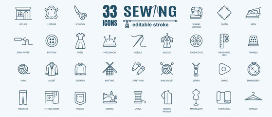 Simple Set of Sewing icon, knitting and cloth repair Related Vector Line Icons. Contains thin Icons as Leather, Thimble, Needle and more. Editable Stroke. 48x48 Pixel Perfect